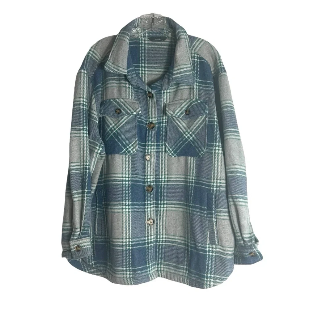 SAM’s Members Mark Oversized Plaid Button Up Shacket in Blue/Gray Size XL - Picture 2 of 5